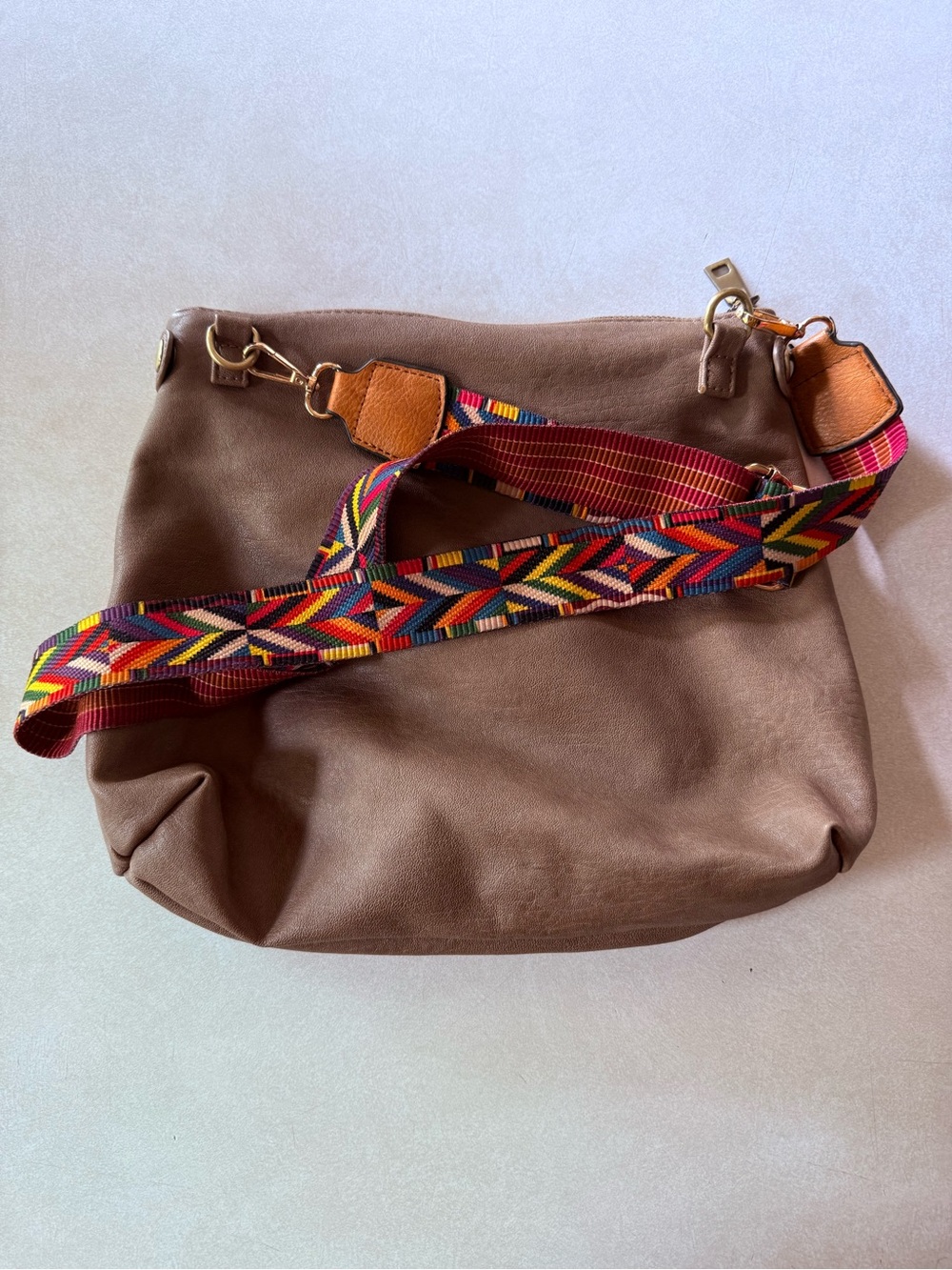 Antik Kraft Brown Leather Crossbody with Multicolor Webbed Strap